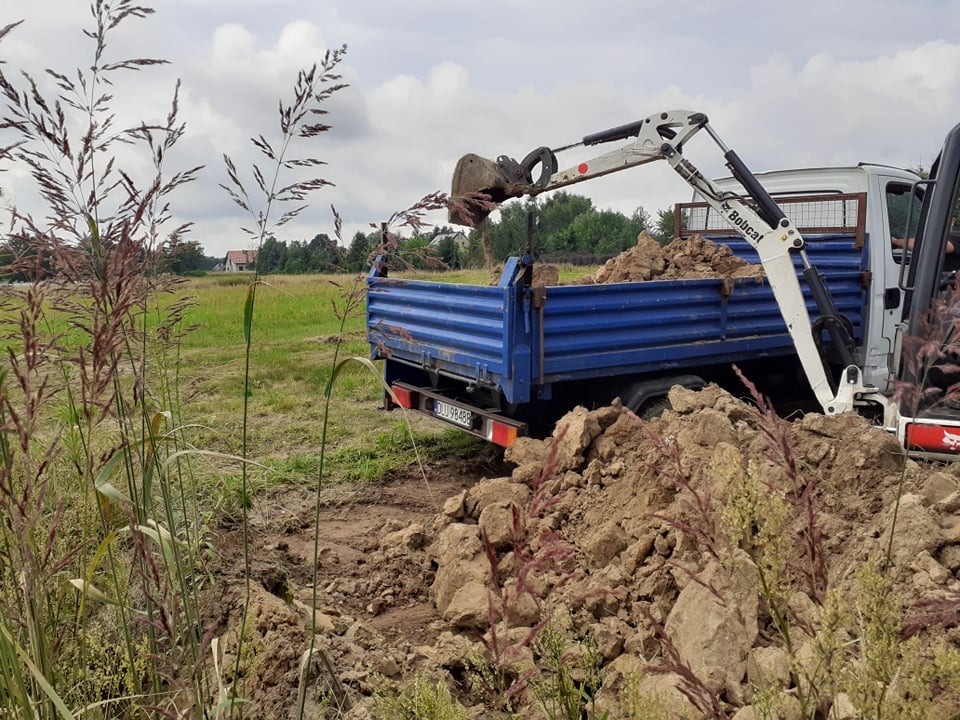 Bobcat ładuje ziemię do niebieskiej ciężarówki na tle zielonego pola i pochmurnego nieba, widoczne ślady opon w błocie.