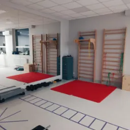 Sala rehabilitacyjna z drabinkami gimnastycznymi, czerwonymi matami, hantlami i stepem, widok z perspektywy podłogi z namalowanymi wzorami.