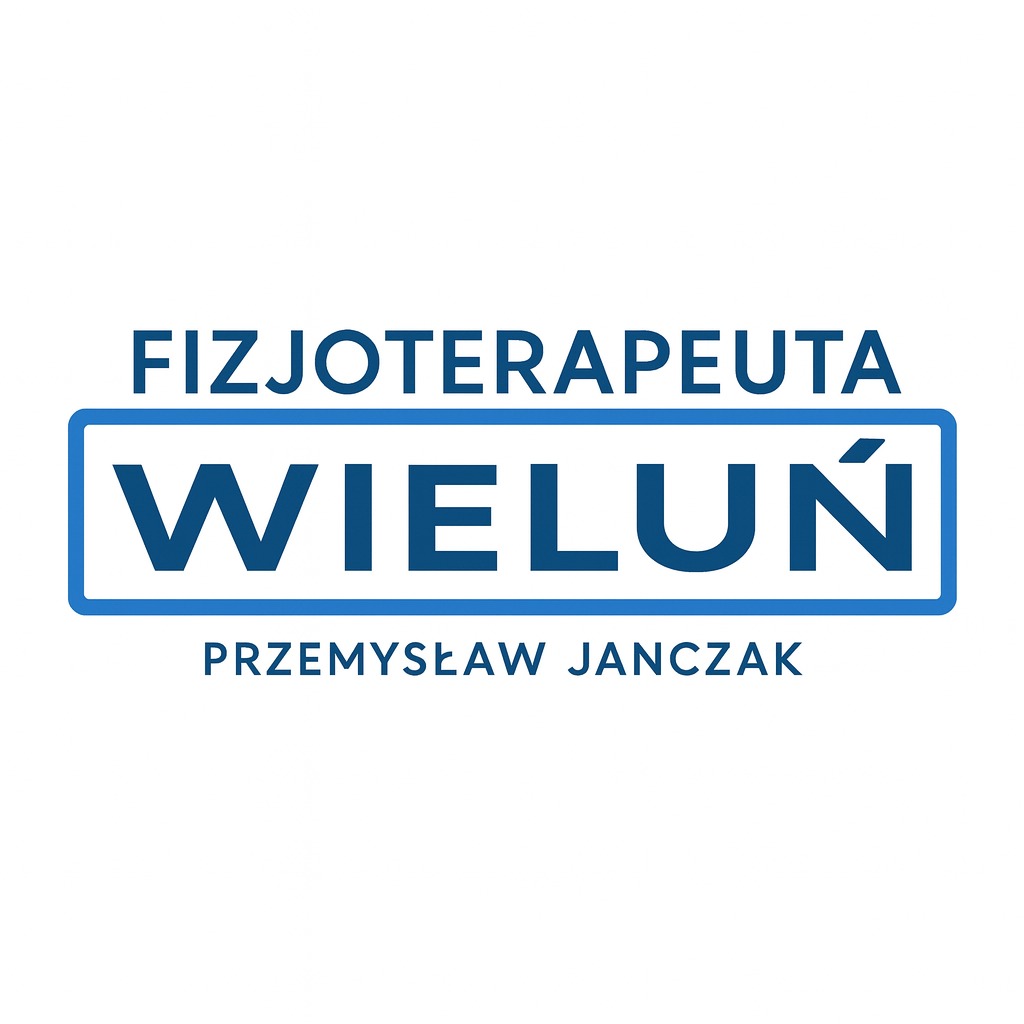 Logo fizjoterapeuty z Wielunia, Przemysław Janczak, na białym tle. Napis w kolorze niebieskim, nazwa miasta w ramce.