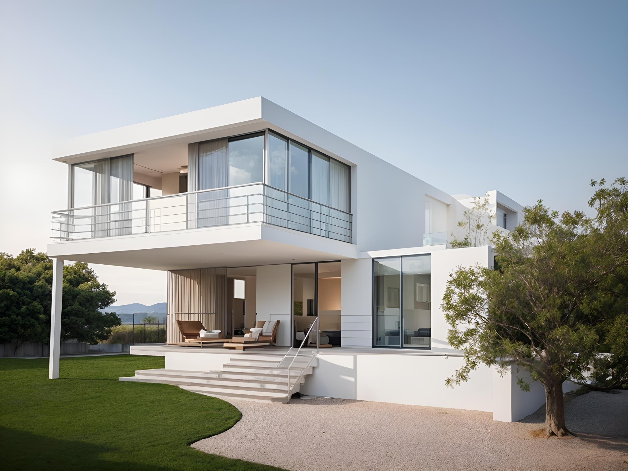Nowoczesny, biały dom z dużymi oknami i balkonem, otoczony zielonym trawnikiem i drzewami, z widocznymi elementami wnętrza.