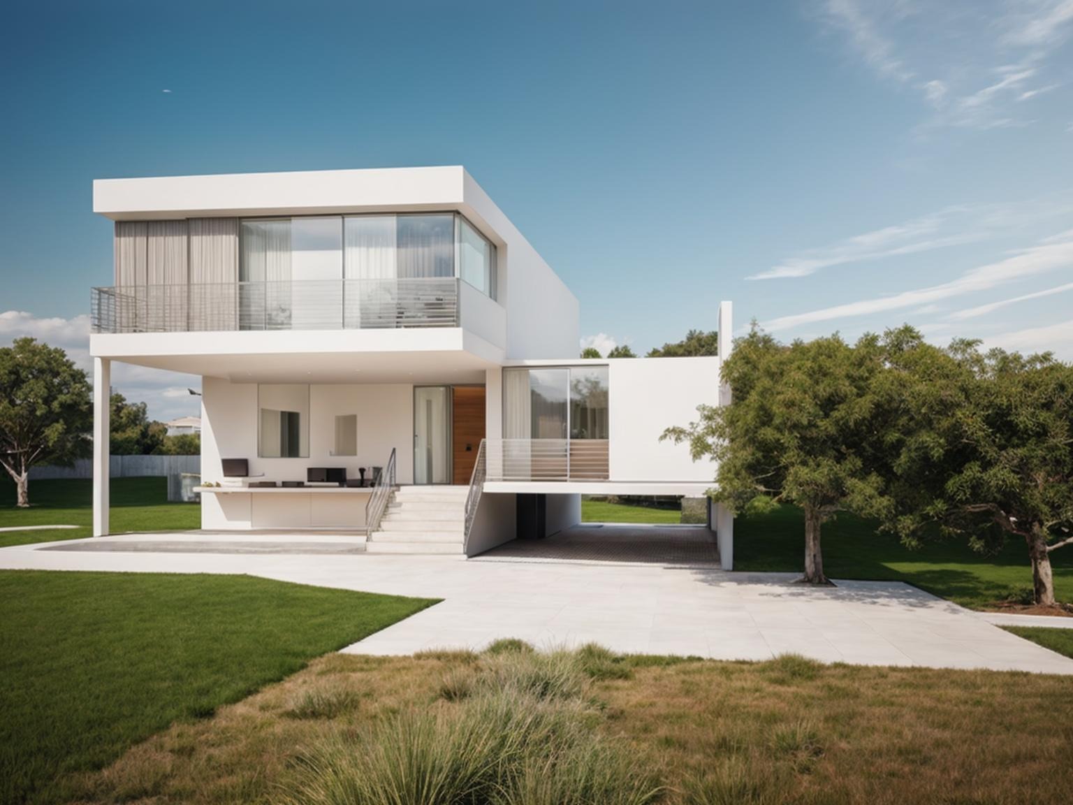 Nowoczesny, biały dom z dużymi oknami i balkonem, otoczony zielonym trawnikiem i drzewami, widoczny z perspektywy ogrodu.