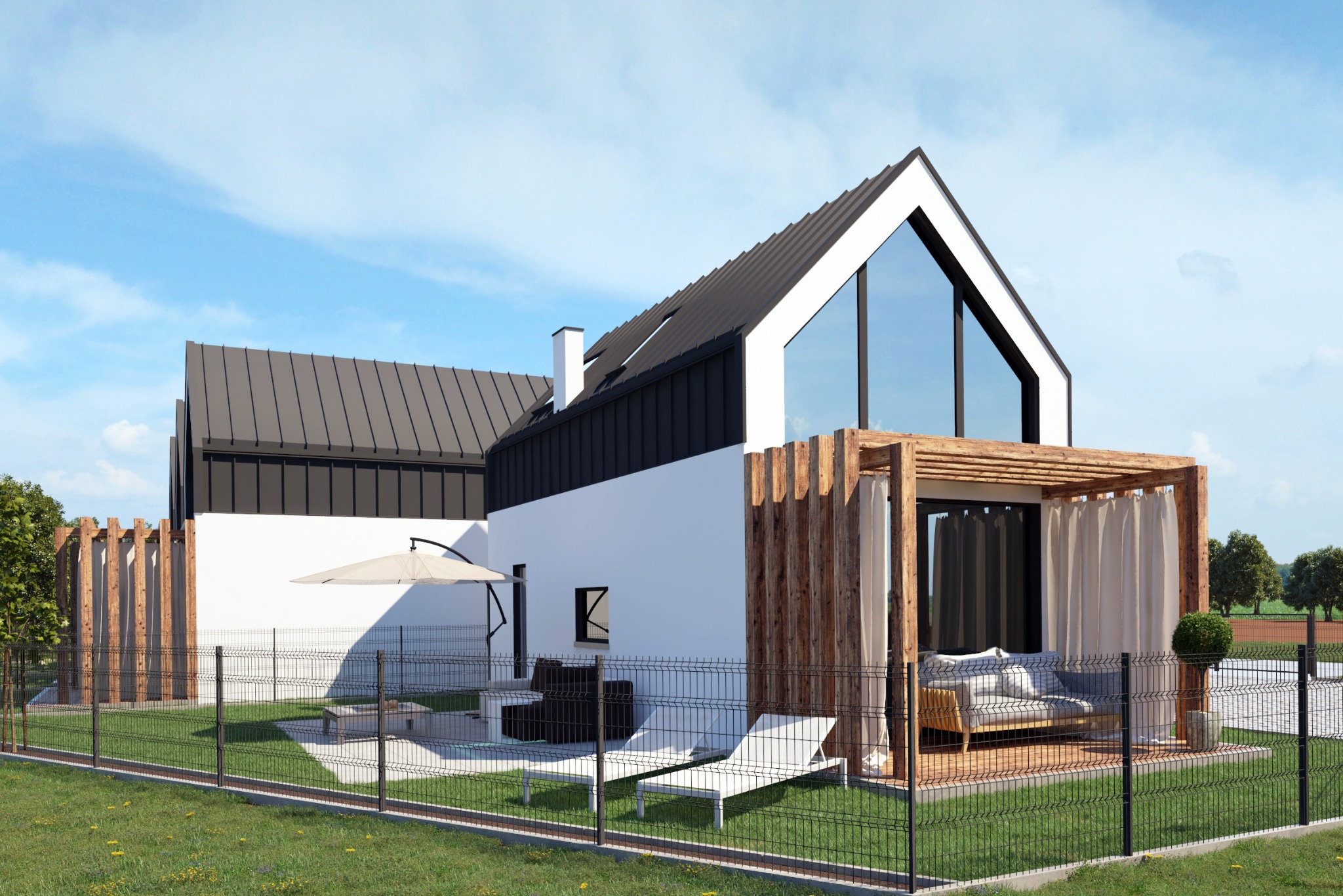 Wizualizacja nowoczesnego domu jednorodzinnego z czarnym dachem dwuspadowym, dużym przeszkleniem i tarasem z drewnianą pergolą oraz białymi zasłonami, widok zza ogrodzenia panelowego.