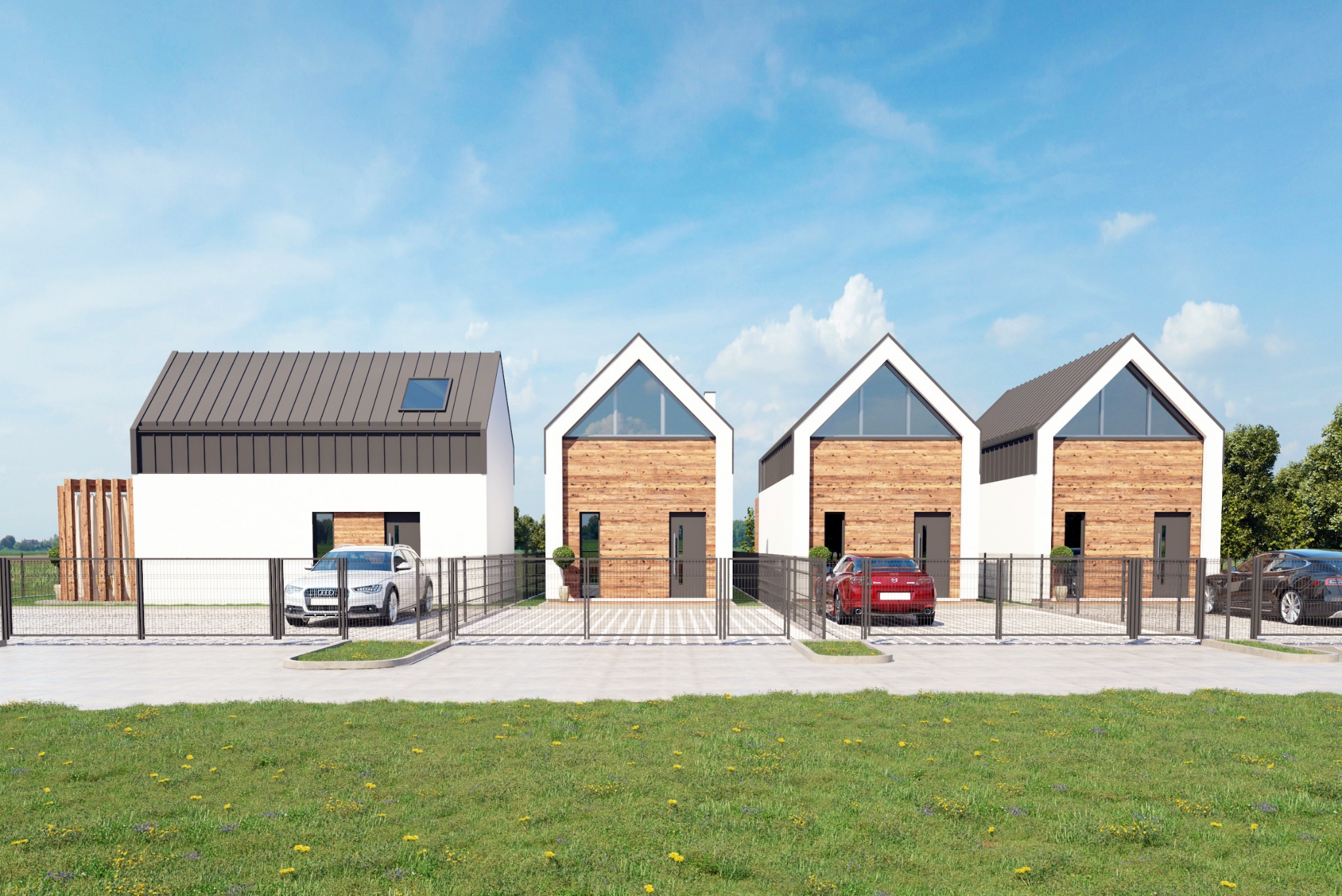 Wizualizacja szeregu nowoczesnych domów jednorodzinnych z drewnianą elewacją i dużymi oknami, każdy z zaparkowanym samochodem, widok z poziomu trawnika.