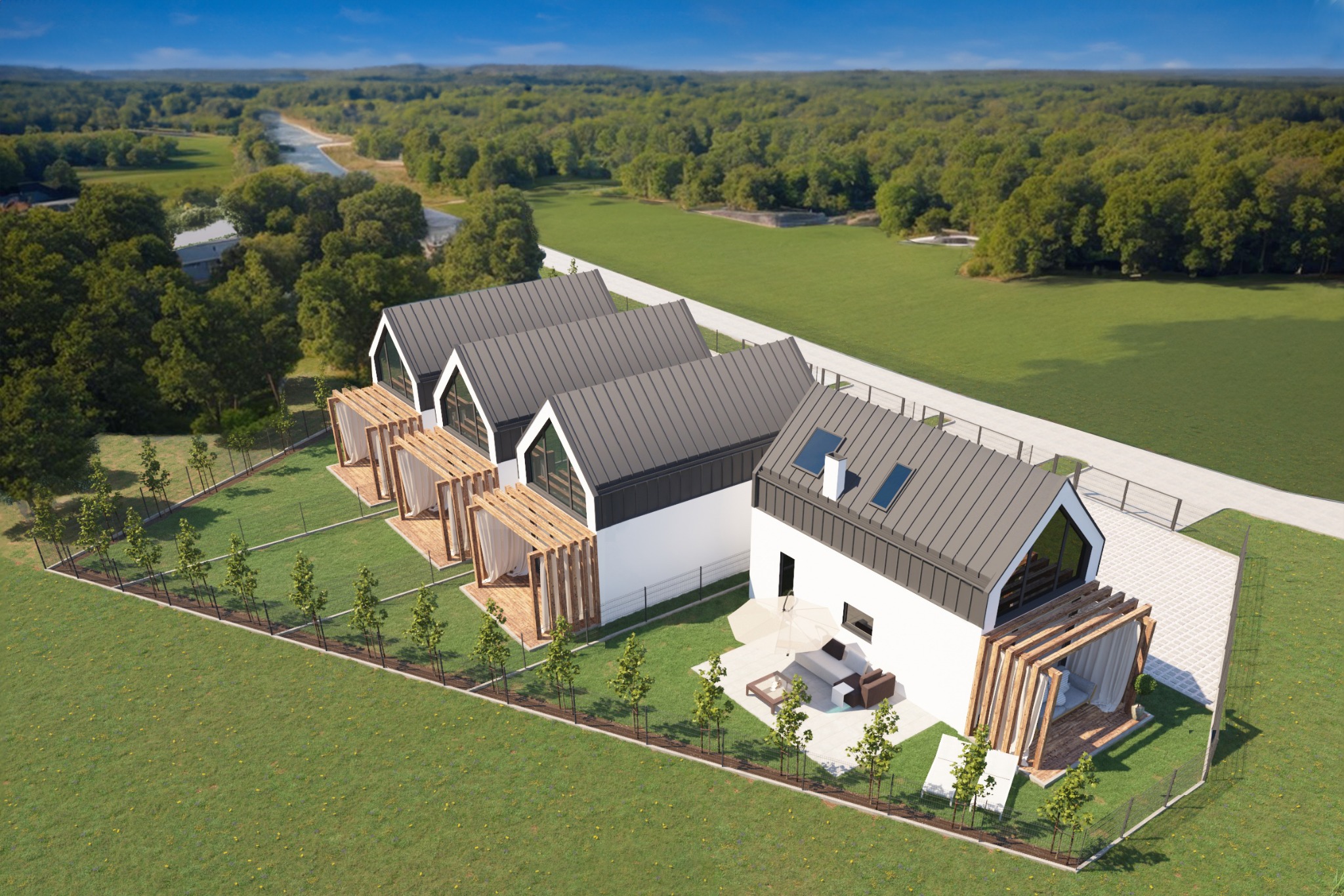 Wizualizacja kompleksu domów jednorodzinnych z szarymi dachami i drewnianymi pergolami, widok z lotu ptaka na tle rozległych terenów zielonych i lasu.