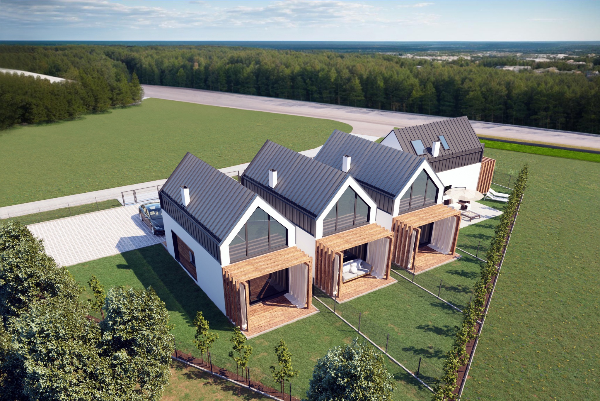 Wizualizacja szeregu nowoczesnych, białych domów z ciemnymi dachami i drewnianymi pergolami, otoczonych zielonym trawnikiem i drzewami, z widokiem na las w tle.