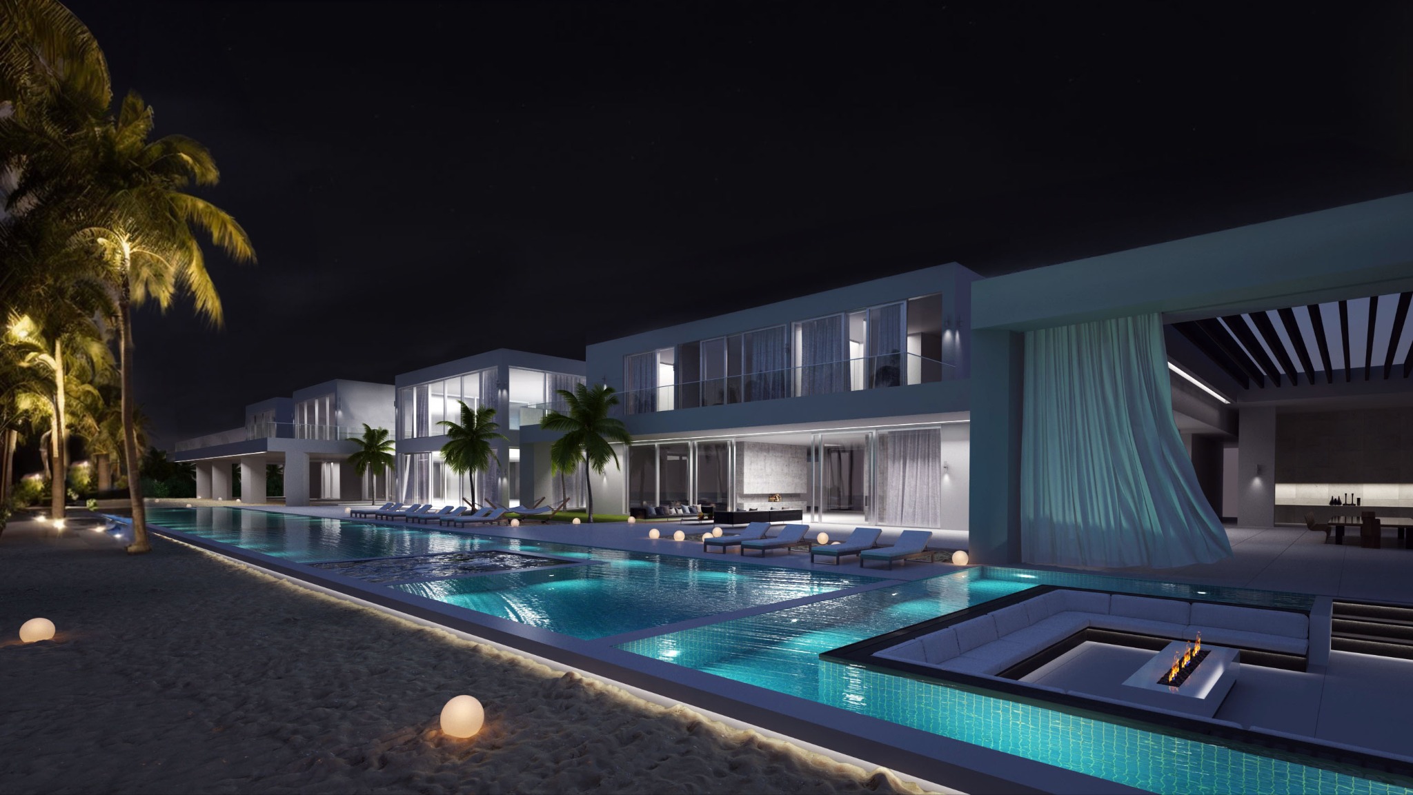 Nowoczesna willa z basenem oświetlonym nocą, palmy, minimalistyczny design, oświetlenie zewnętrzne kulami, lounge z kominkiem w obniżonej części basenu.
