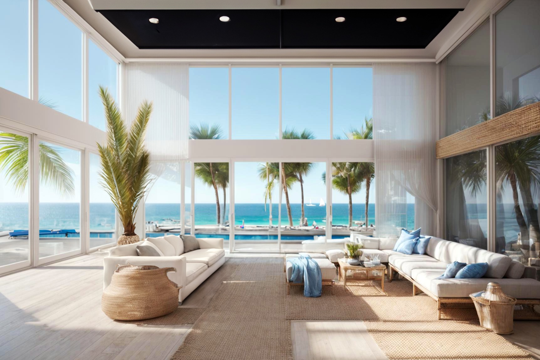 Jasny salon z widokiem na ocean przez panoramiczne okna, białe sofy z niebieskimi poduszkami, dywan z juty, palma w donicy i dekoracyjne kosze z trawy morskiej.
