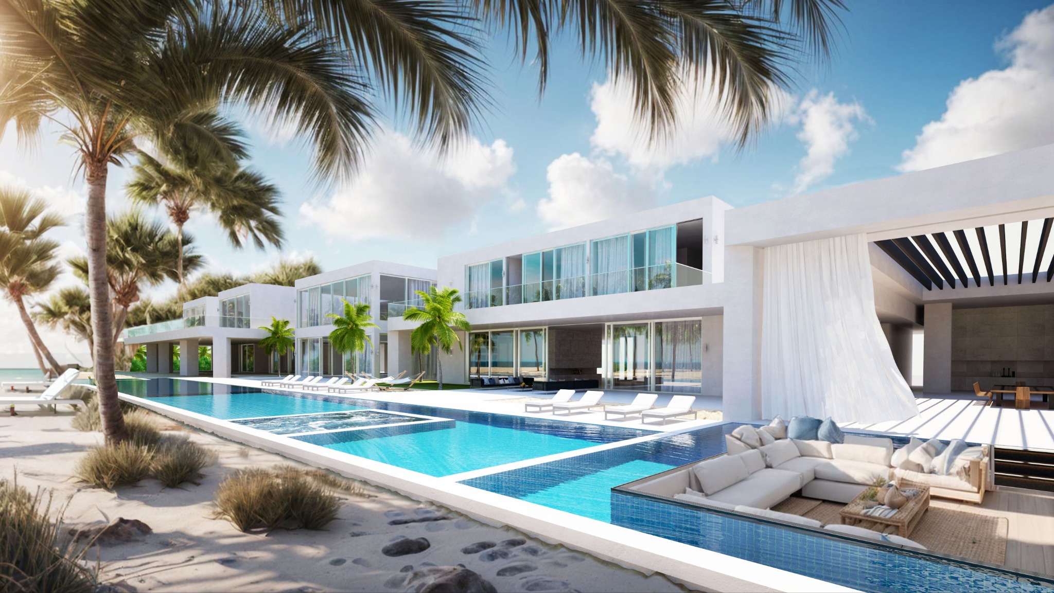 Wizualizacja nowoczesnej, białej willi z basenem na plaży, palmy, minimalistyczne meble ogrodowe, panoramiczne okna, białe zasłony powiewające na wietrze.