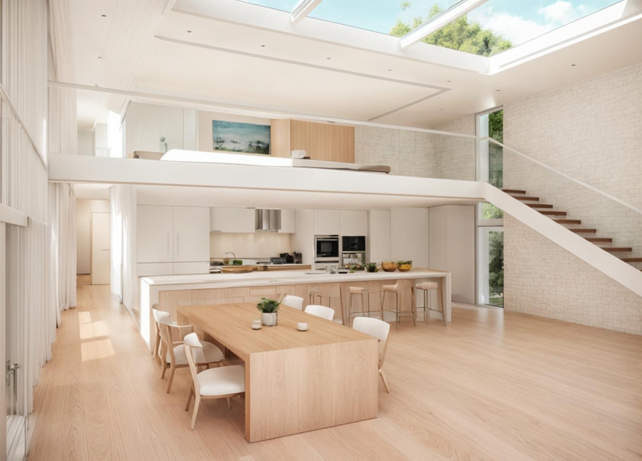 Nowoczesna, przestronna kuchnia z antresolą i dużymi oknami dachowymi, oświetlona naturalnym światłem, z drewnianym stołem jadalnym na pierwszym planie i białymi schodami prowadzącymi na górę.