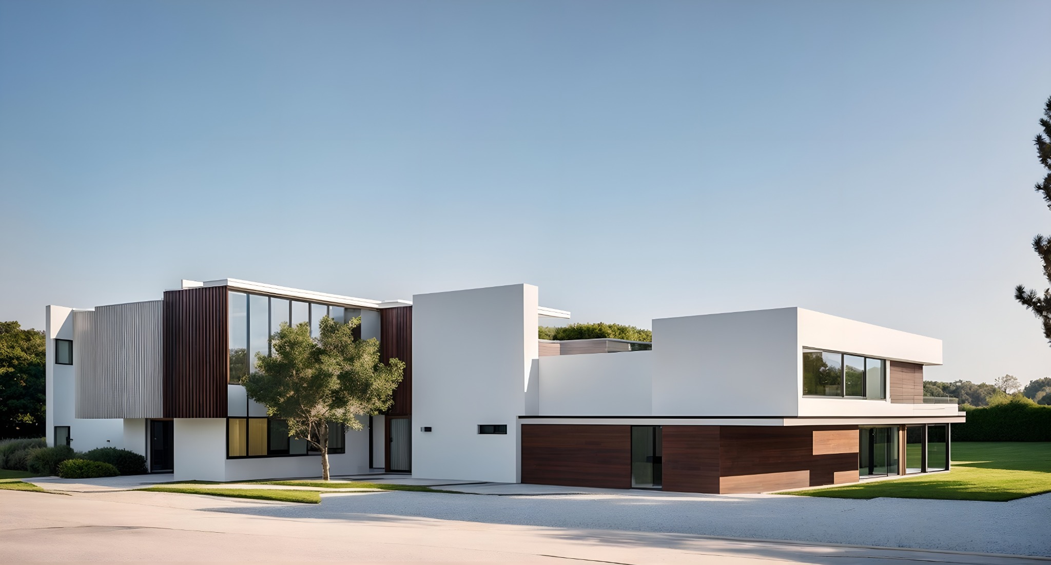 Nowoczesny, dwukondygnacyjny dom z płaskim dachem, białymi ścianami i elementami z ciemnego drewna, otoczony zielonym trawnikiem i drzewami, widok z poziomu ulicy w słoneczny dzień.