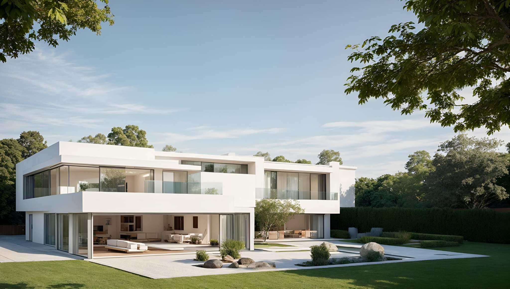 Nowoczesny, dwukondygnacyjny dom z płaskim dachem i dużymi przeszkleniami, otoczony zielenią, z widocznym tarasem i elementami małej architektury ogrodowej.