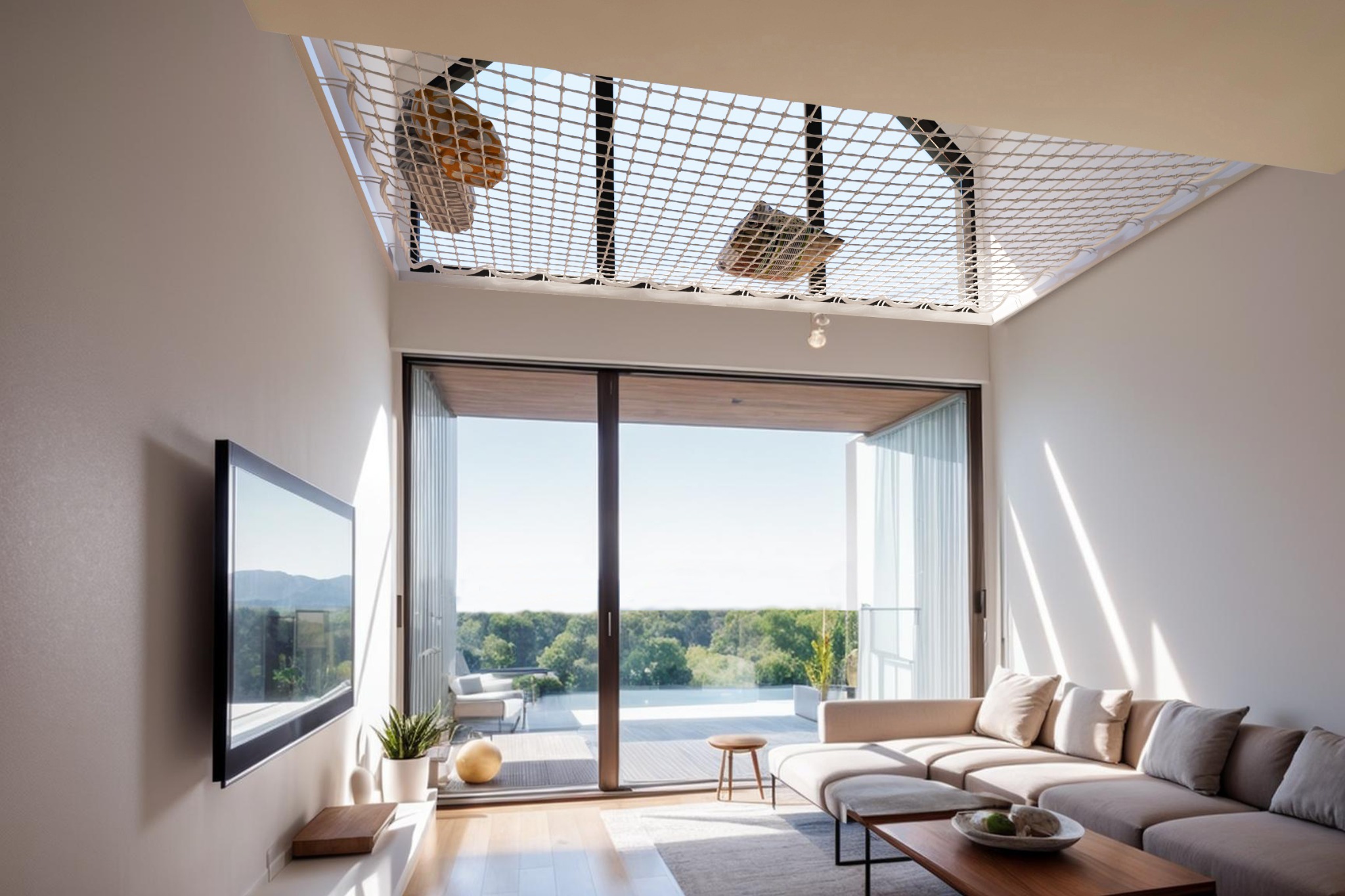 Jasne wnętrze salonu z siatką relaksacyjną pod sufitem, widok na zewnątrz przez przesuwne drzwi tarasowe, minimalistyczny wystrój z szarą sofą i telewizorem na ścianie.