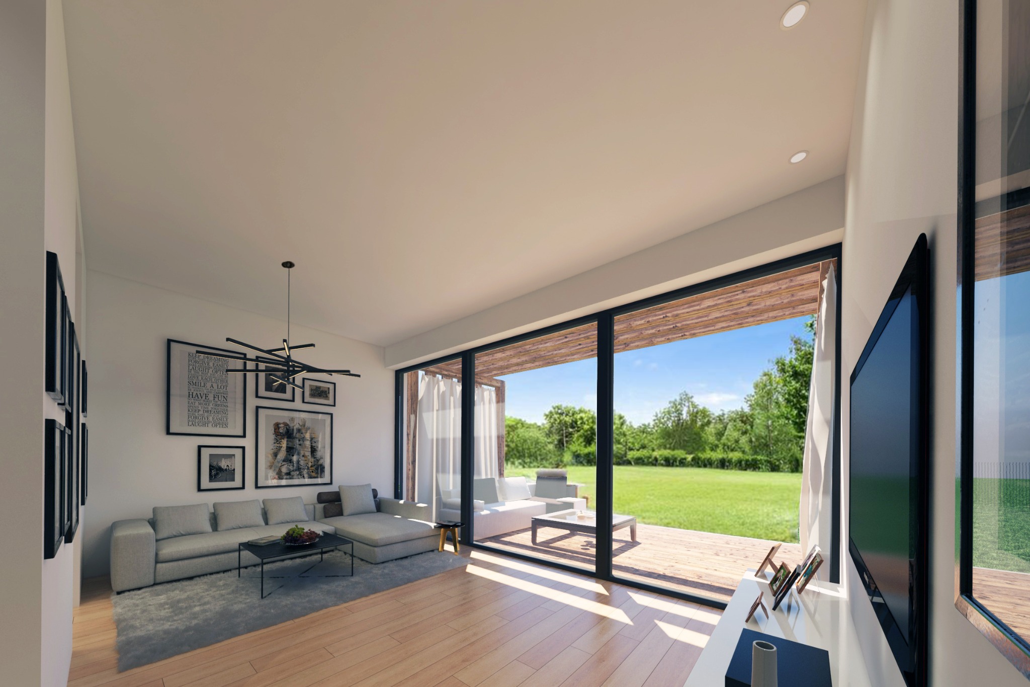 Wnętrze nowoczesnego salonu z dużym oknem tarasowym wychodzącym na ogród, szara sofa z poduszkami, abstrakcyjna lampa sufitowa i galeria czarno-białych zdjęć na ścianie. Na stoliku kawowym leżą...