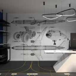 Nowoczesne biuro z motywem lotniczym: ściana z rysunkami technicznymi samolotów, czarne półki z modelami samolotów, biurko z monitorem i designerskie lampy sufitowe.