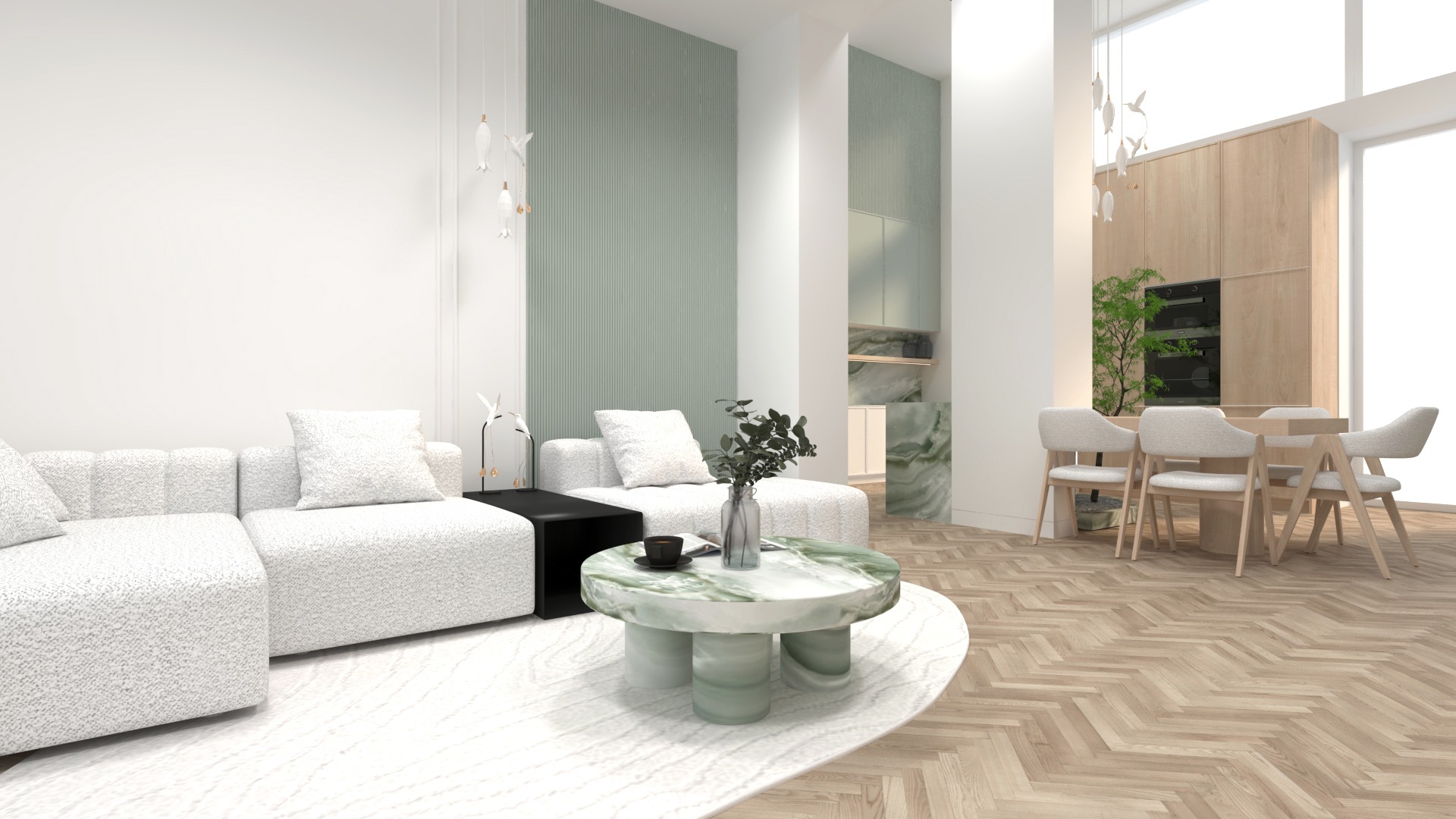 Jasne, przestronne wnętrze z sofą z teksturowanej tkaniny, okrągłym stolikiem z zielonego marmuru i parkietem w jodełkę, oświetlone wiszącymi lampami w kształcie ptaków.