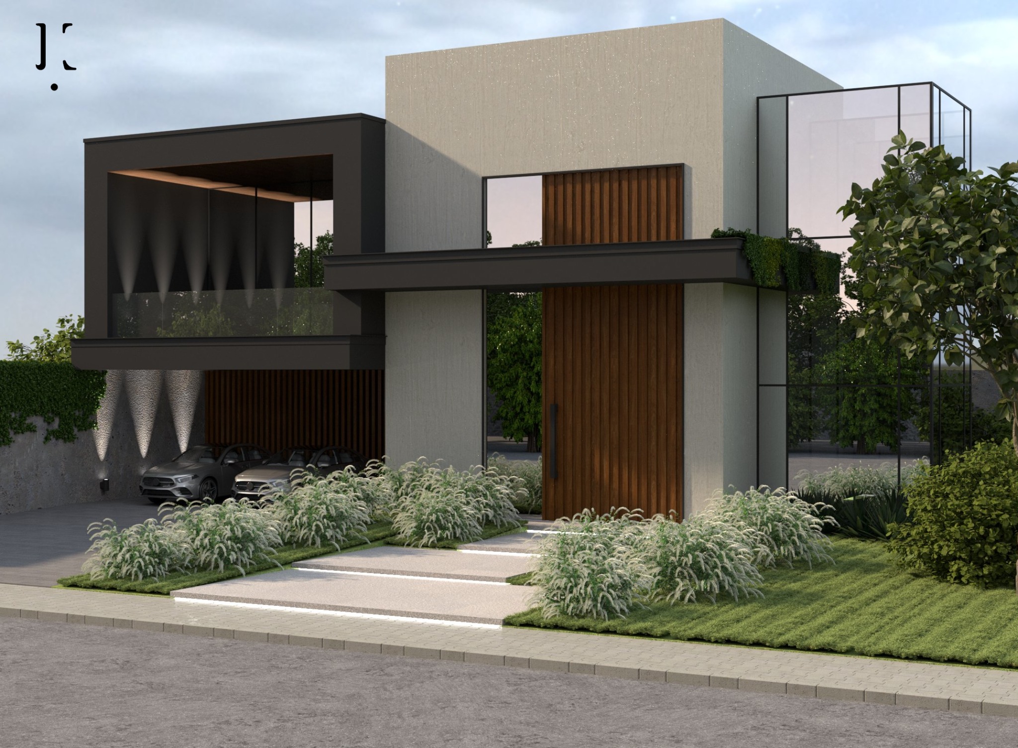 Wizualizacja nowoczesnego domu z płaskim dachem, drewnianą fasadą, dużymi oknami i podjazdem z oświetleniem punktowym oraz ozdobnymi trawami.