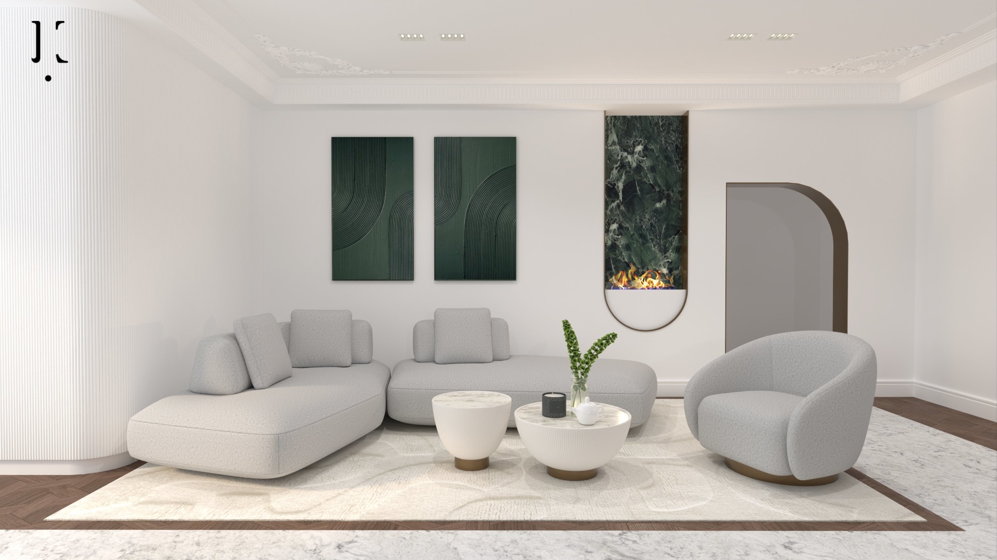 Jasne, minimalistyczne wnętrze salonu z szarą sofą modułową, okrągłymi stolikami kawowymi, fotelem typu boucle i dekoracyjnym kominkiem z zielonego marmuru.