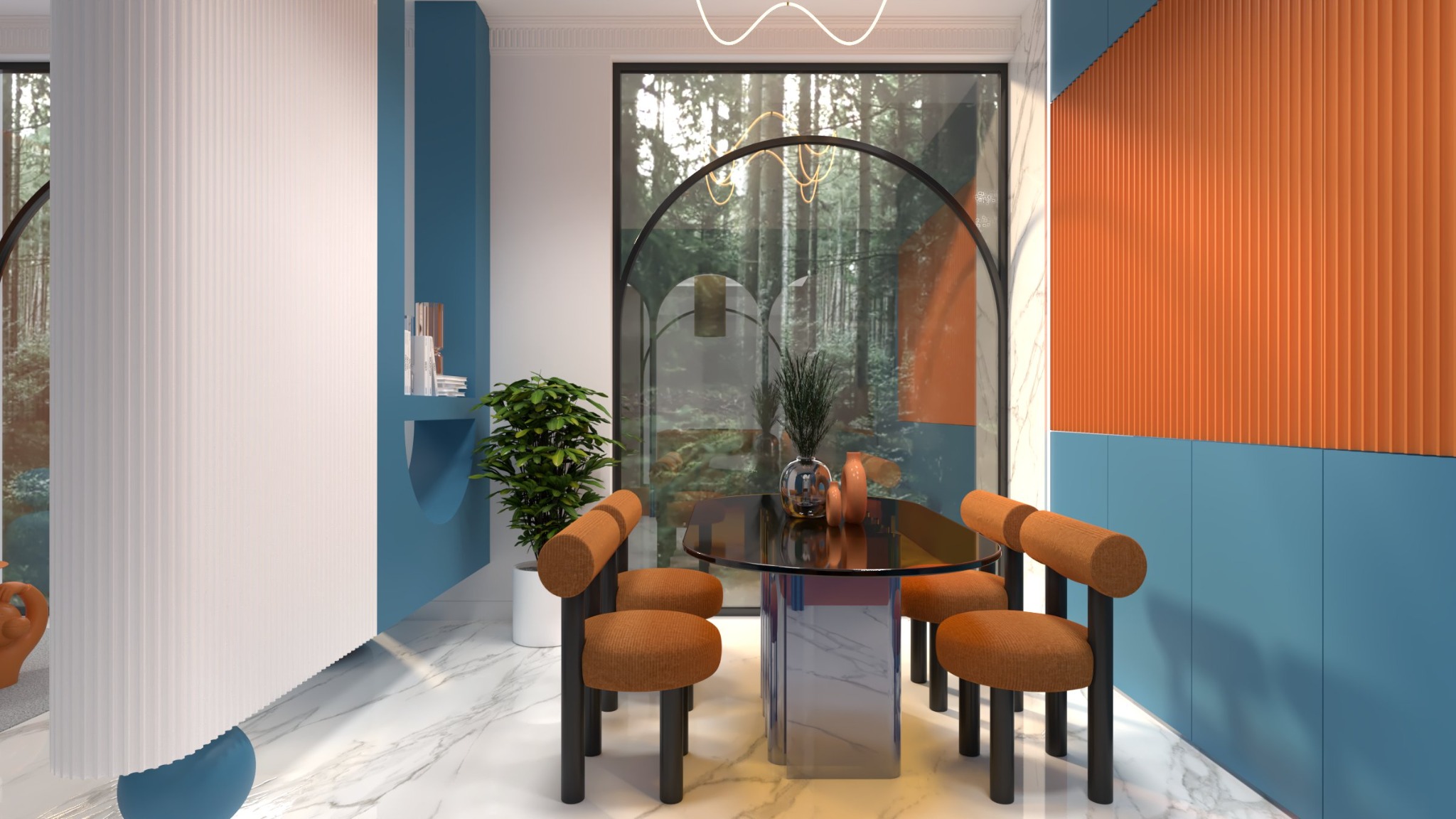 Wnętrze jadalni z okrągłym, szklanym stołem, czterema krzesłami z pomarańczową tapicerką, roślinami w doniczkach i dekoracyjnymi panelami ściennymi w kolorach niebieskim i pomarańczowym.