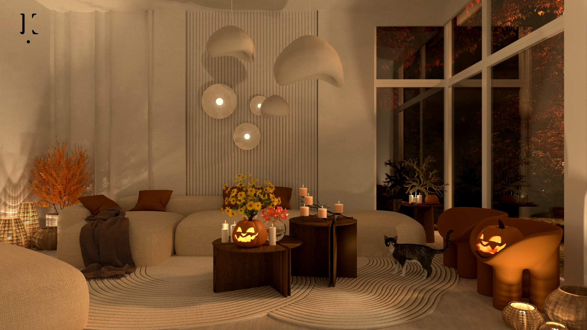 Przytulne wnętrze salonu z dekoracjami na Halloween: dynie z wyciętymi twarzami, świece, kwiaty, miękka sofa i dywan z wzorem fal, z kotem wchodzącym do kadru.
