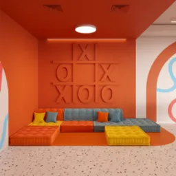Pomarańczowe wnętrze biura z modułową sofą w kolorach żółtym, pomarańczowym i niebieskim oraz dekoracją ścienną w kształcie gry kółko i krzyżyk.
