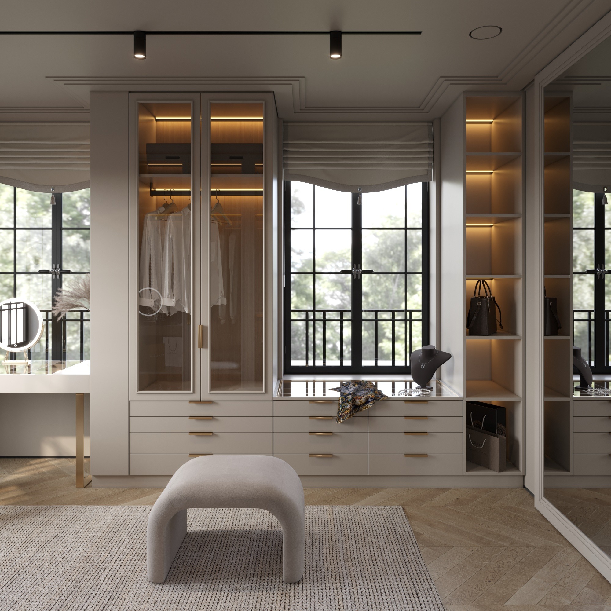 Jasna garderoba z przeszklonymi drzwiami, oświetleniem LED, toaletką z lustrem i pufem na tle okna z widokiem na zieleń.