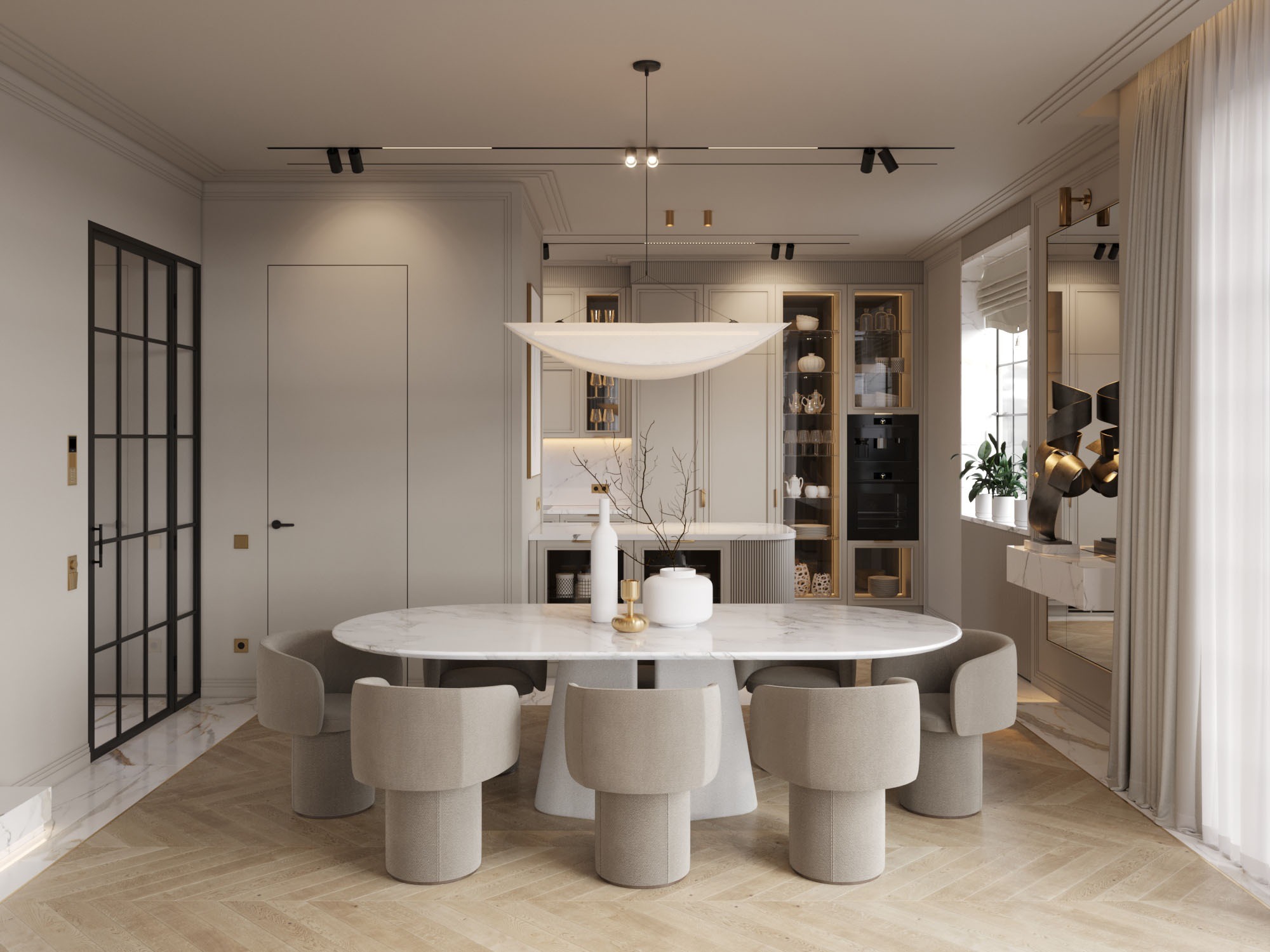 Elegancka jadalnia z owalnym stołem z marmurowym blatem, nowoczesnymi krzesłami w odcieniach beżu i minimalistyczną lampą wiszącą, uzupełniona oświetleniem punktowym i parkietem w jodełkę.
