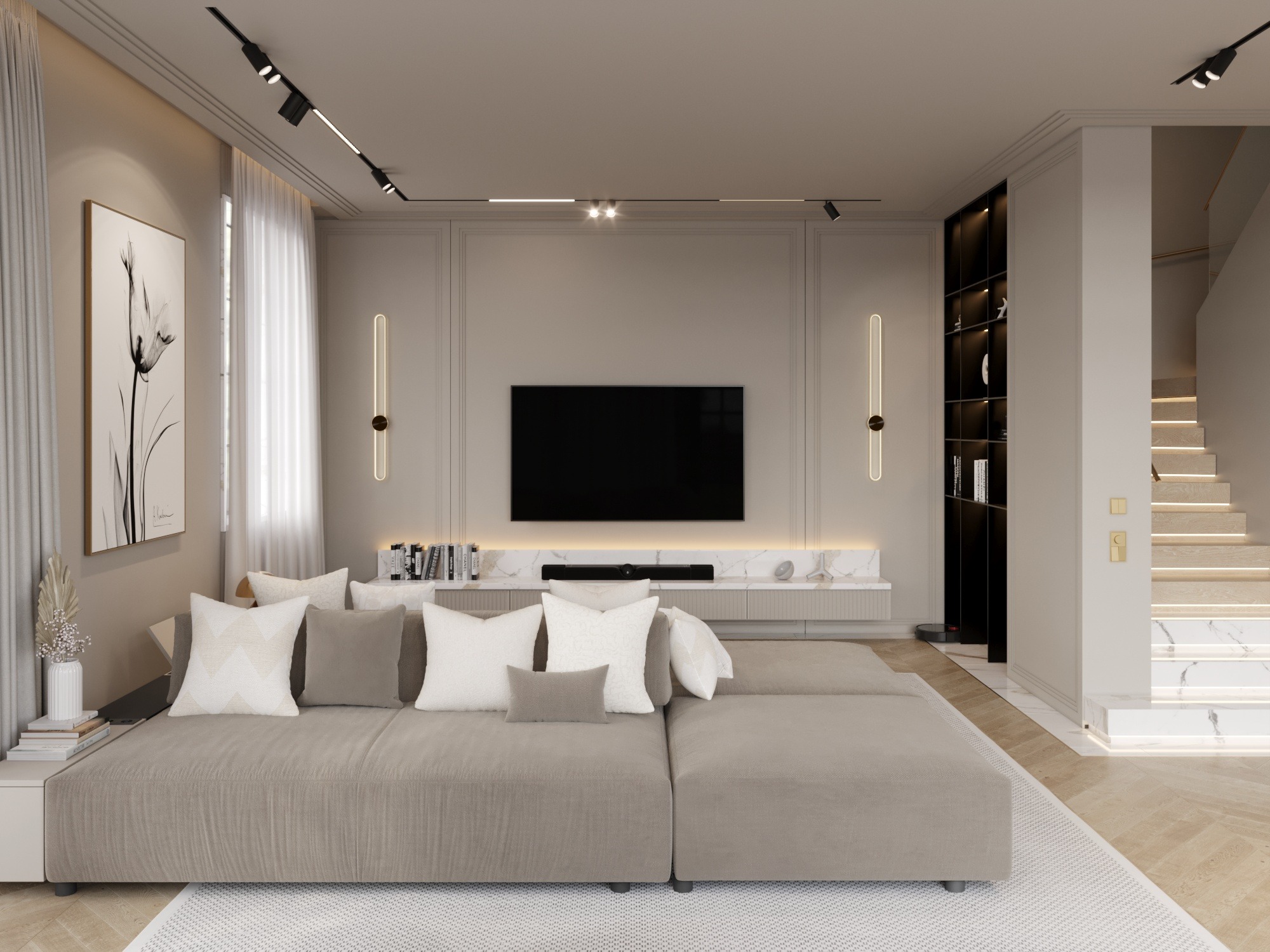 Jasny salon z beżową sofą narożną, telewizorem na ścianie, marmurowym blatem pod telewizorem, schodami z marmurowymi stopniami i czarnym regałem w tle.