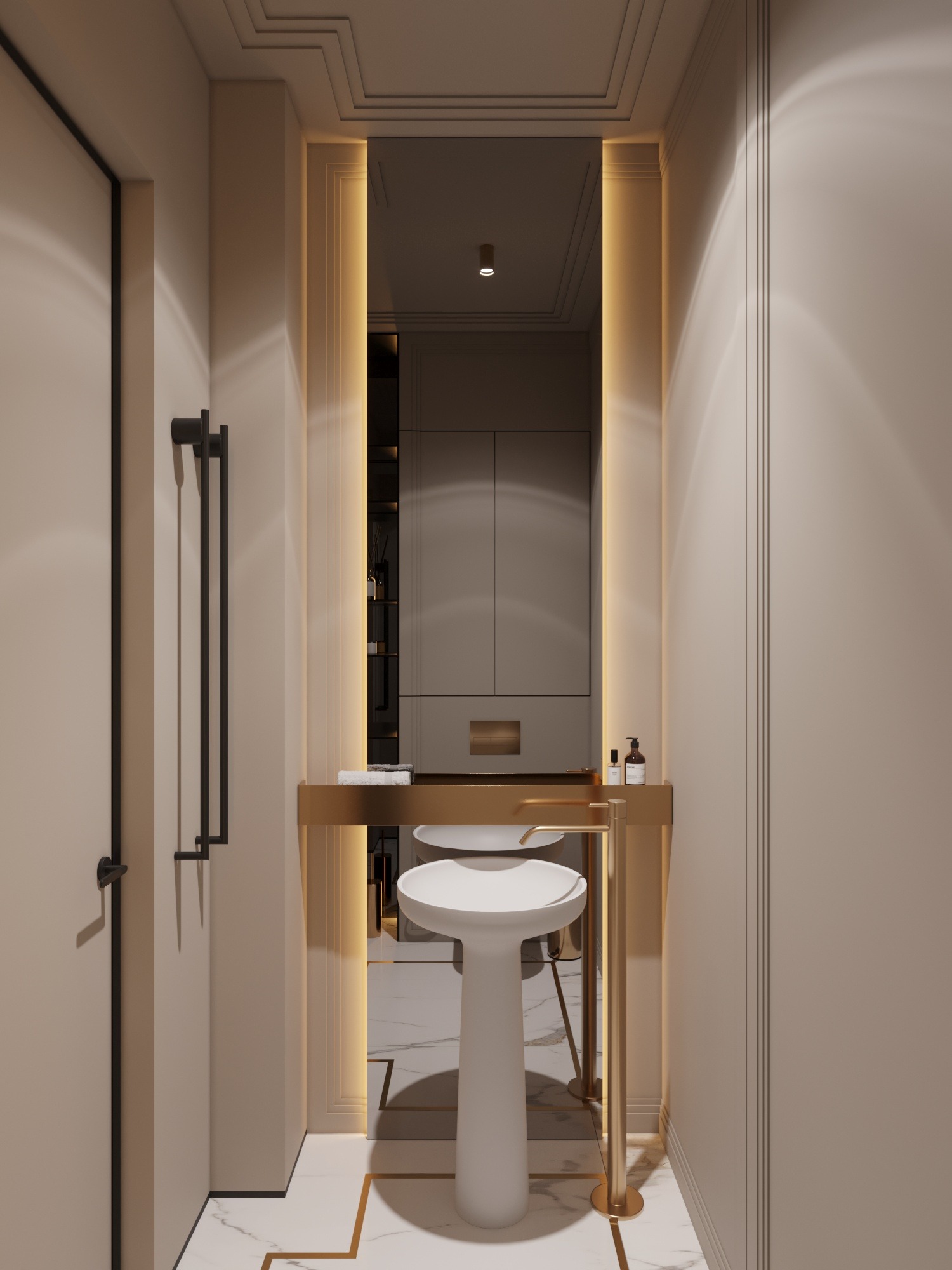 Elegancka toaletka z lustrem w złotej ramie i minimalistyczną, białą umywalką na postumencie, marmurowa posadzka z geometrycznym wzorem, widok na szafę wnękową w lustrze.