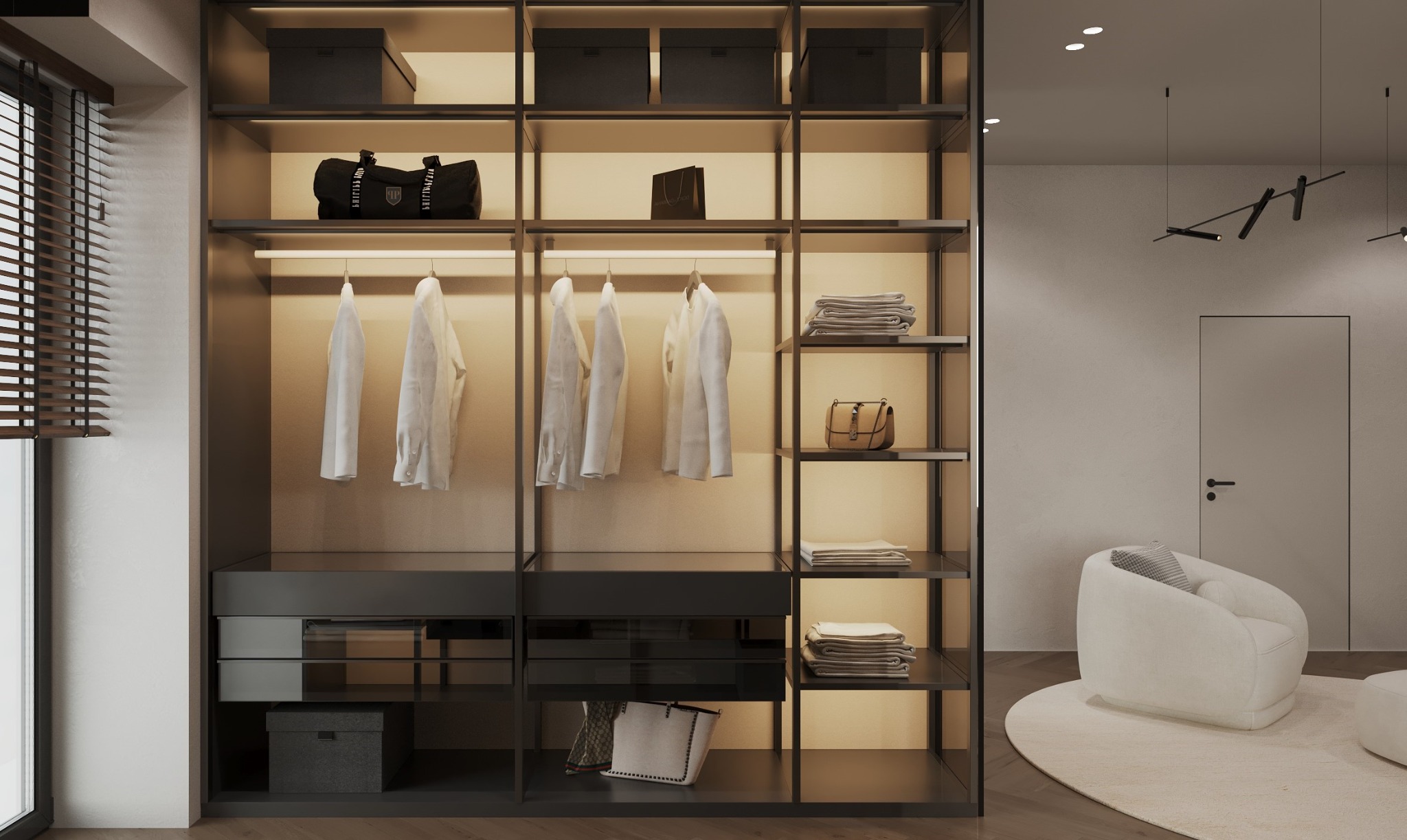 Nowoczesna garderoba z podświetlanymi półkami, ubraniami na wieszakach i dekoracyjnymi pudełkami, uzupełniona o fotel w tle.