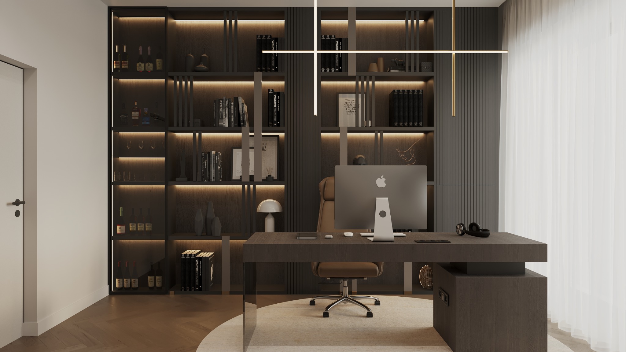 Eleganckie biuro domowe z podświetlanymi półkami, biurkiem z komputerem Apple, ergonomicznym krzesłem i minimalistycznym oświetleniem sufitowym.