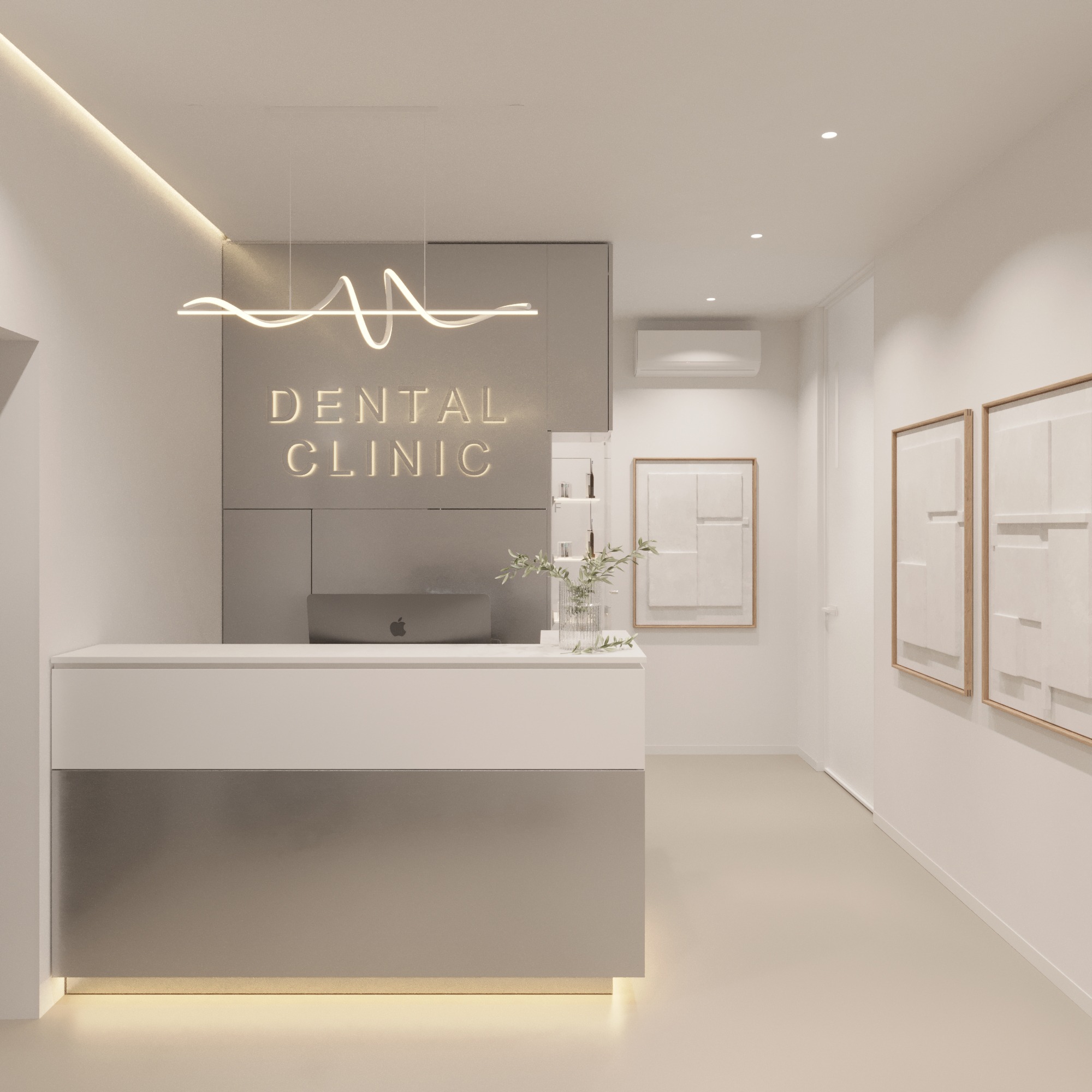 Minimalistyczne wnętrze recepcji kliniki dentystycznej z białym biurkiem i szarym panelem z podświetlonym napisem 'DENTAL CLINIC', nowoczesna lampa wisząca, abstrakcyjne obrazy na ścianie.