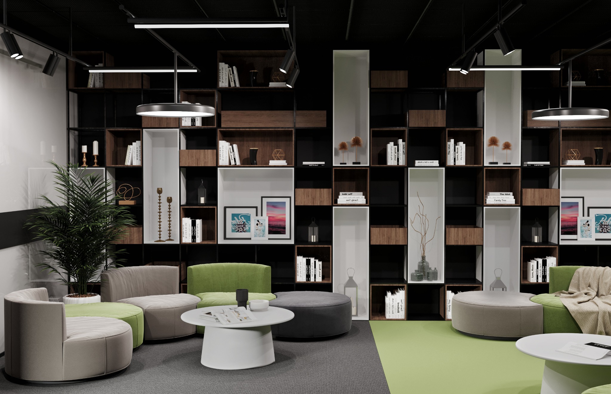 Nowoczesne biuro z regałem wypełnionym książkami i dekoracjami, okrągłe pufy i stoliki kawowe w odcieniach szarości i zieleni, oświetlenie punktowe na suficie.