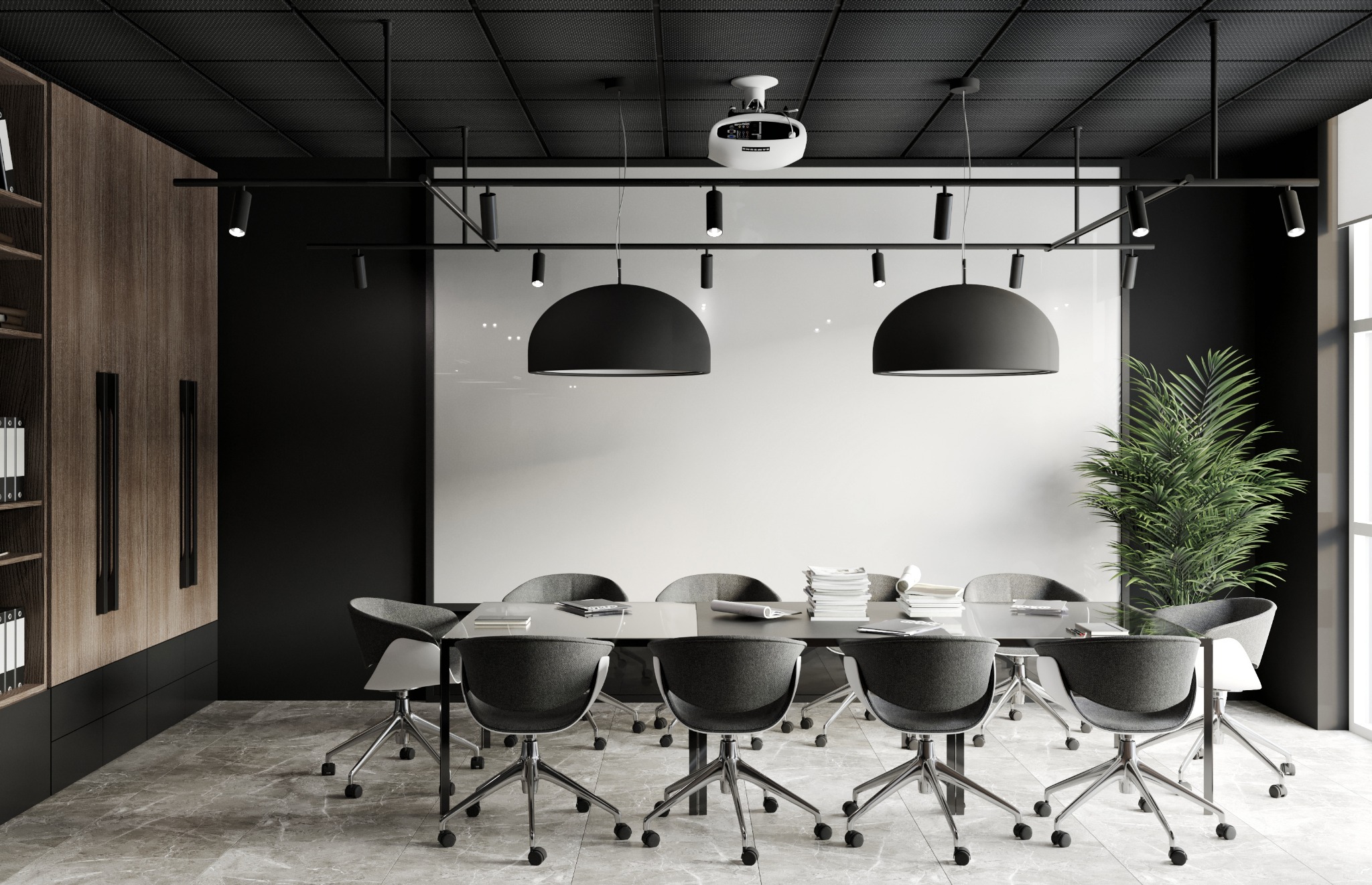 Nowoczesna sala konferencyjna z szarymi krzesłami, szklanym stołem, projektorem sufitowym i rośliną doniczkową w rogu, oświetlona wiszącymi lampami kopułowymi.