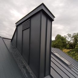 ZRBH Dragon Paweł - Nowoczesny, czarny komin wentylacyjny z poziomymi kratkami na metalowym dachu z oknem dachowym, widok z dołu na tle pochmurnego nieba i zieleni drzew.