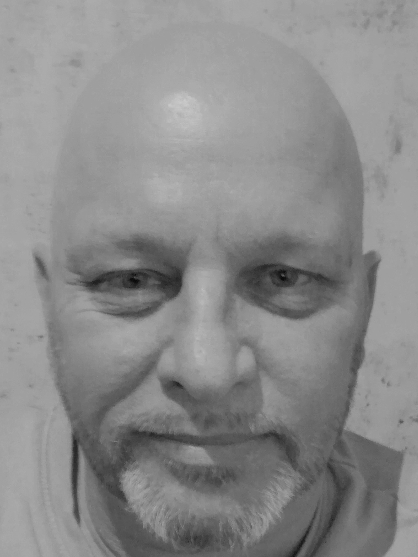 Portret en face mężczyzny z ogoloną głową i krótką brodą, w szarej tonacji.