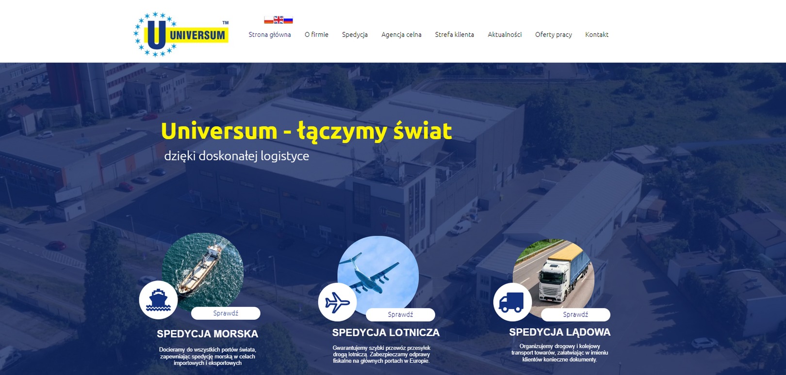 Strona internetowa firmy spedycyjnej Universum prezentująca usługi spedycji morskiej, lotniczej i lądowej z widokiem z lotu ptaka na budynki firmy w tle.