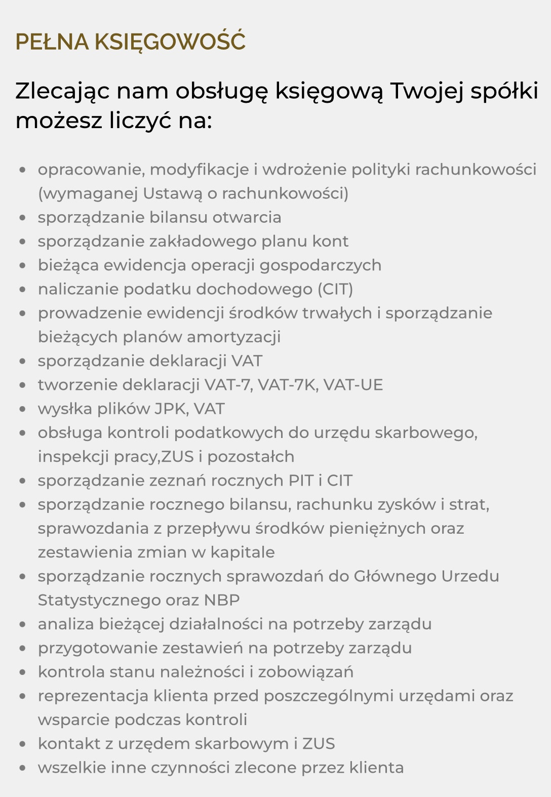 Oferta pełnej obsługi księgowej dla spółek, obejmująca sporządzanie bilansu, deklaracji VAT, ewidencję operacji gospodarczych, obsługę kontroli podatkowych i kontakt z urzędem skarbowym.