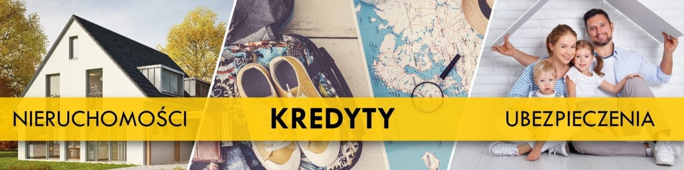 Kompozycja z elementami: nowoczesny dom z ciemnym dachem, walizka z sandałami, mapa świata z lupą i rodzina trzymająca symboliczny dach nad głową.