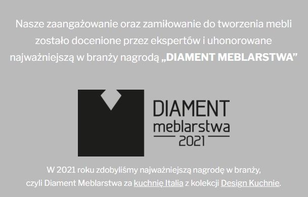 Logo nagrody Diament Meblarstwa 2021 przyznanej za kuchnię Italia z kolekcji Design Kuchnie, podkreślające zaangażowanie i zamiłowanie do tworzenia mebli.