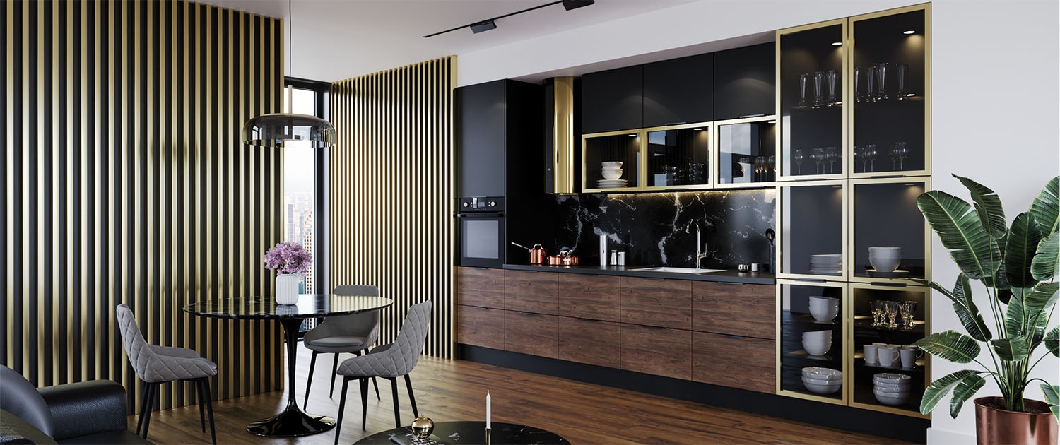Nowoczesna kuchnia z czarnymi i drewnianymi frontami, złotymi akcentami, marmurowym backsplashiem i dekoracyjną ścianą z pionowych listew w kolorze czarno-złotym, uzupełniona okrągłym stołem...