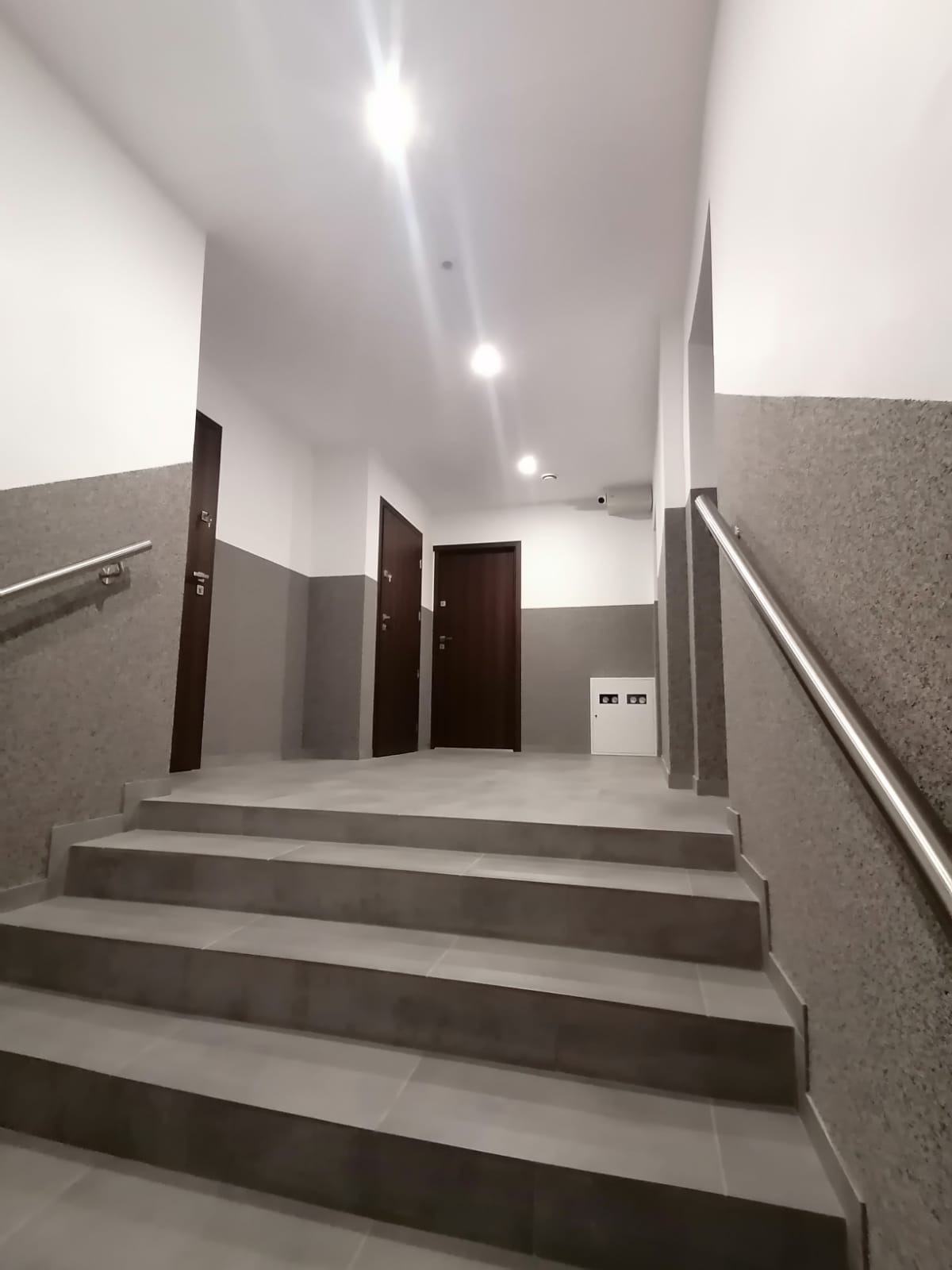 Klatka schodowa z szarymi płytkami na stopniach, metalowa poręcz po prawej stronie, trzy ciemnobrązowe drzwi w tle i biała szafka elektryczna.