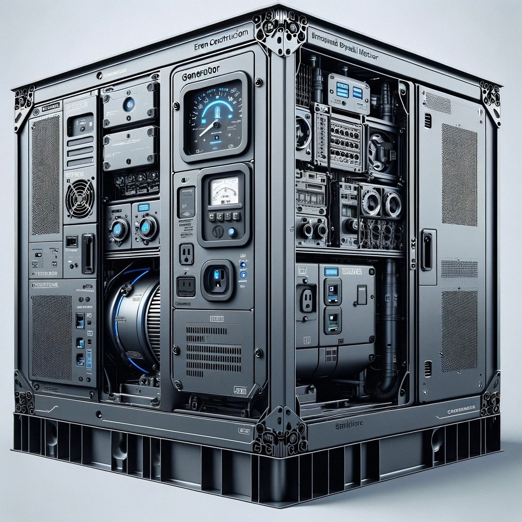 Agregat prądotwórczy w metalowej obudowie z licznymi panelami sterowania, wskaźnikami i gniazdami elektrycznymi, o futurystycznym wyglądzie.