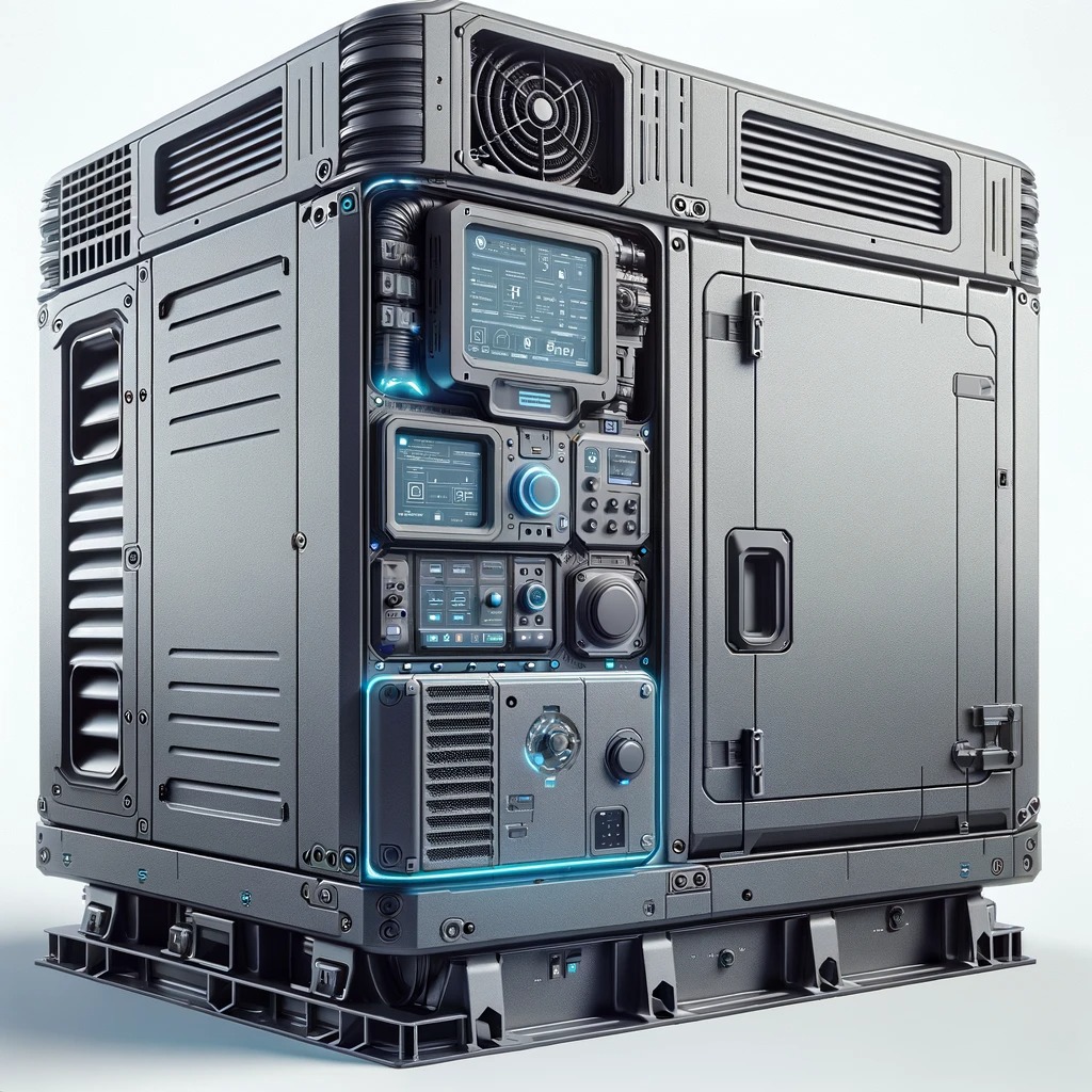 Futurystyczny, metalowy agregat prądotwórczy z cyfrowym panelem sterowania i niebieskim podświetleniem, umieszczony na platformie transportowej.