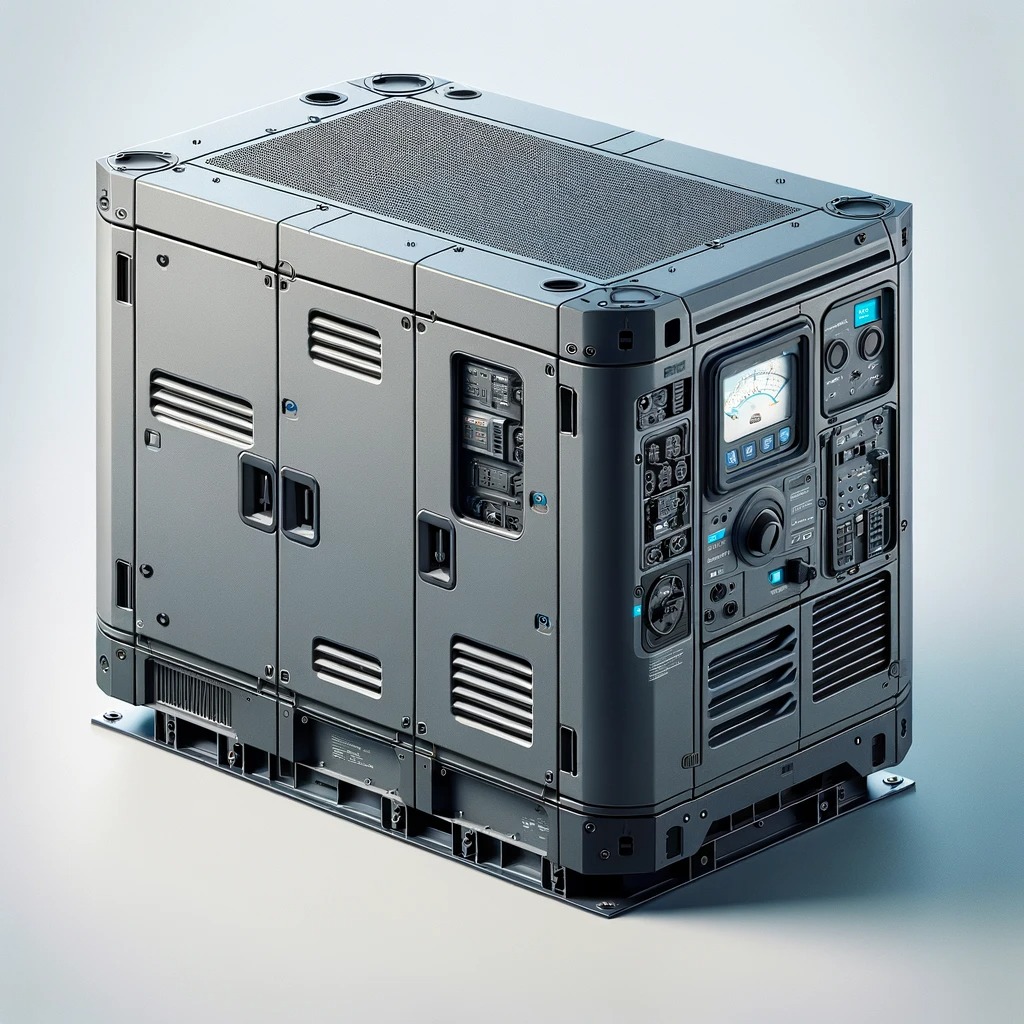 Szary agregat prądotwórczy z panelem sterowania, widoczne wskaźniki i przyciski, na jasnym tle.