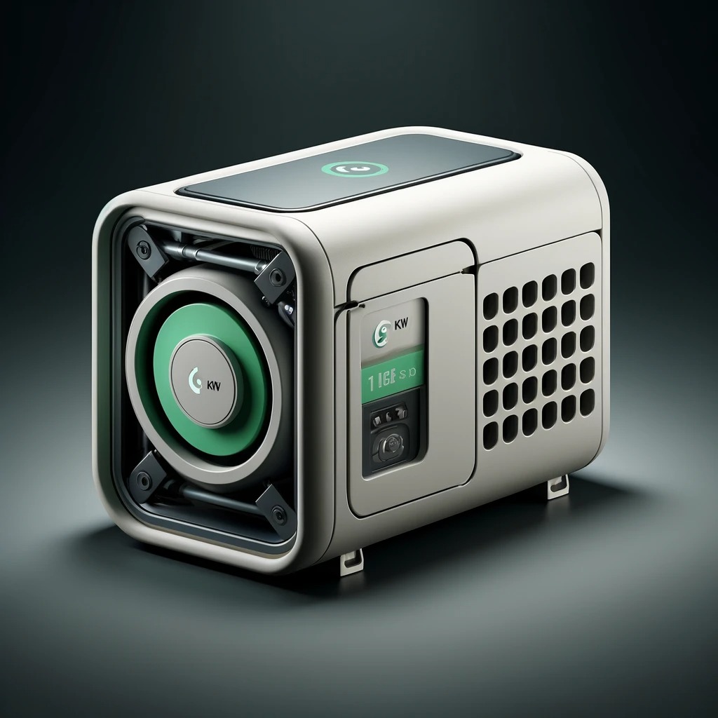 Nowoczesny, kompaktowy generator energii w obudowie w kolorze złamanej bieli z zielonymi akcentami, widoczny wentylator chłodzący i panel sterowania z wyświetlaczem.