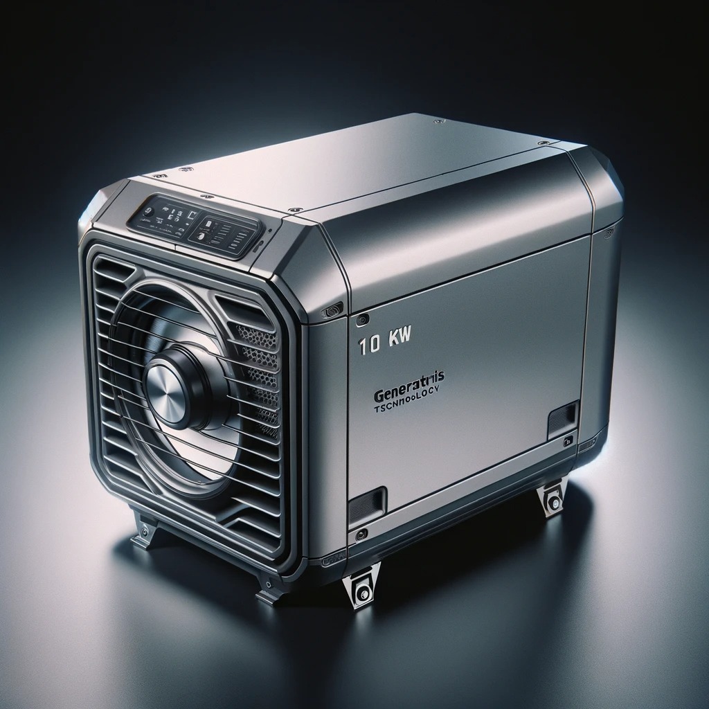 Nowoczesny, srebrny generator prądu 10kW z wyświetlaczem i wentylatorem na czarnym tle.