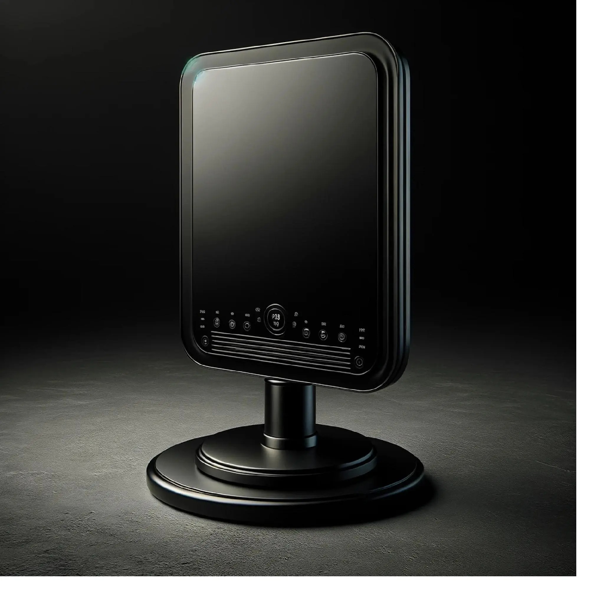 Czarny, nowoczesny, dotykowy panel sterowania systemem inteligentnego domu na okrągłej podstawie, z subtelnym podświetleniem krawędzi.