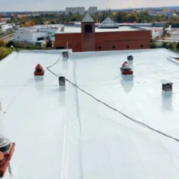 Biały, płaski dach budynku komercyjnego po renowacji, widok z góry, w tle budynki i drzewa miejskie pod pochmurnym niebem.