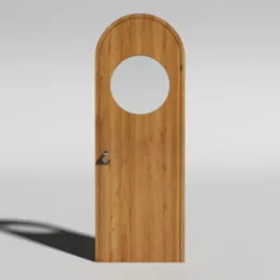 Nowoczesne drzwi wewnętrzne z okrągłym przeszkleniem, wykończone okleiną w odcieniach jasnego dębu, z chromowaną klamką, na tle jasnej ściany.