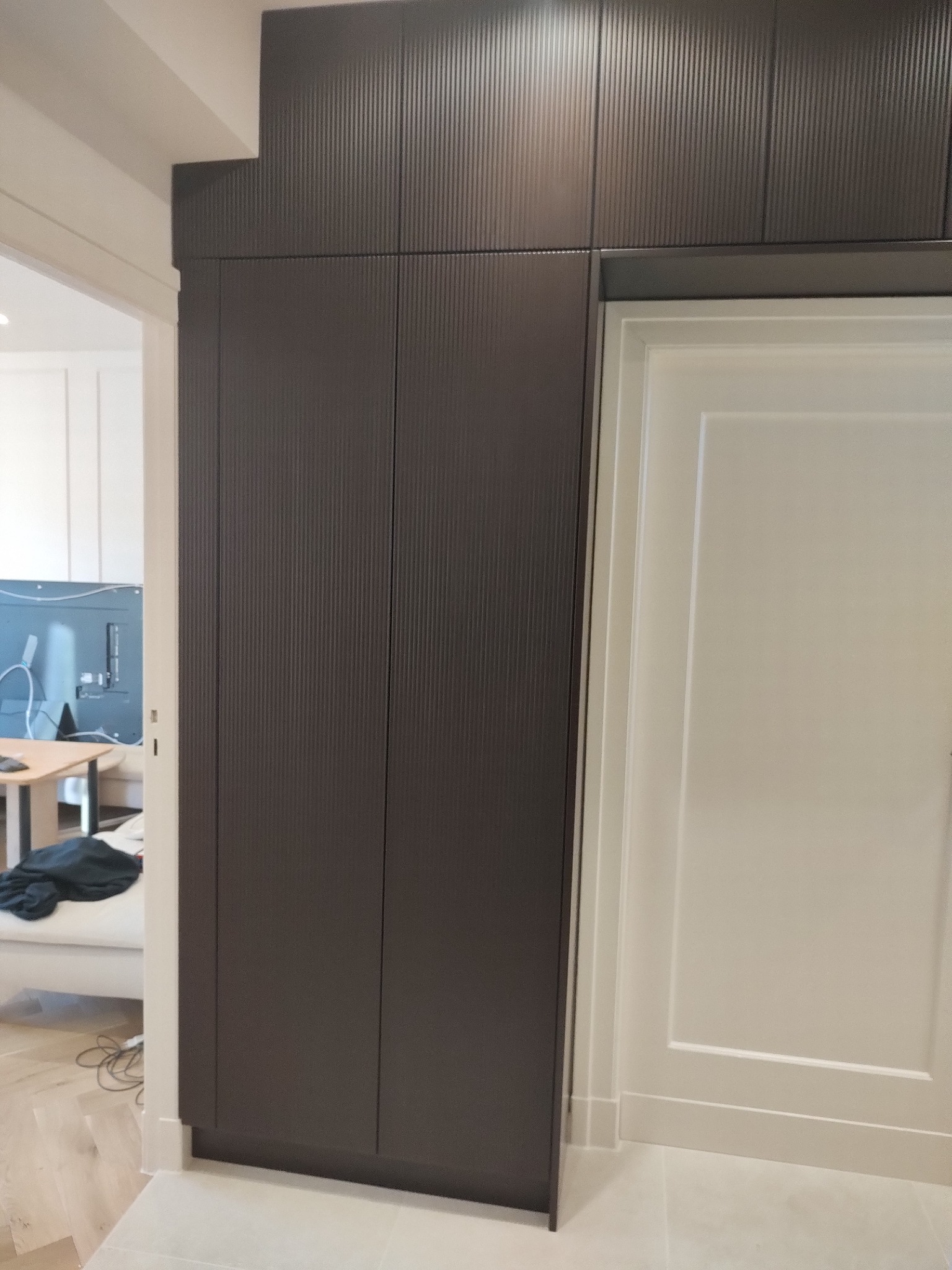 Ciemna, wysoka szafa z ryflowanymi drzwiami, wkomponowana obok białych drzwi w jasnym wnętrzu. Minimalistyczny design, widoczne fragmenty salonu.